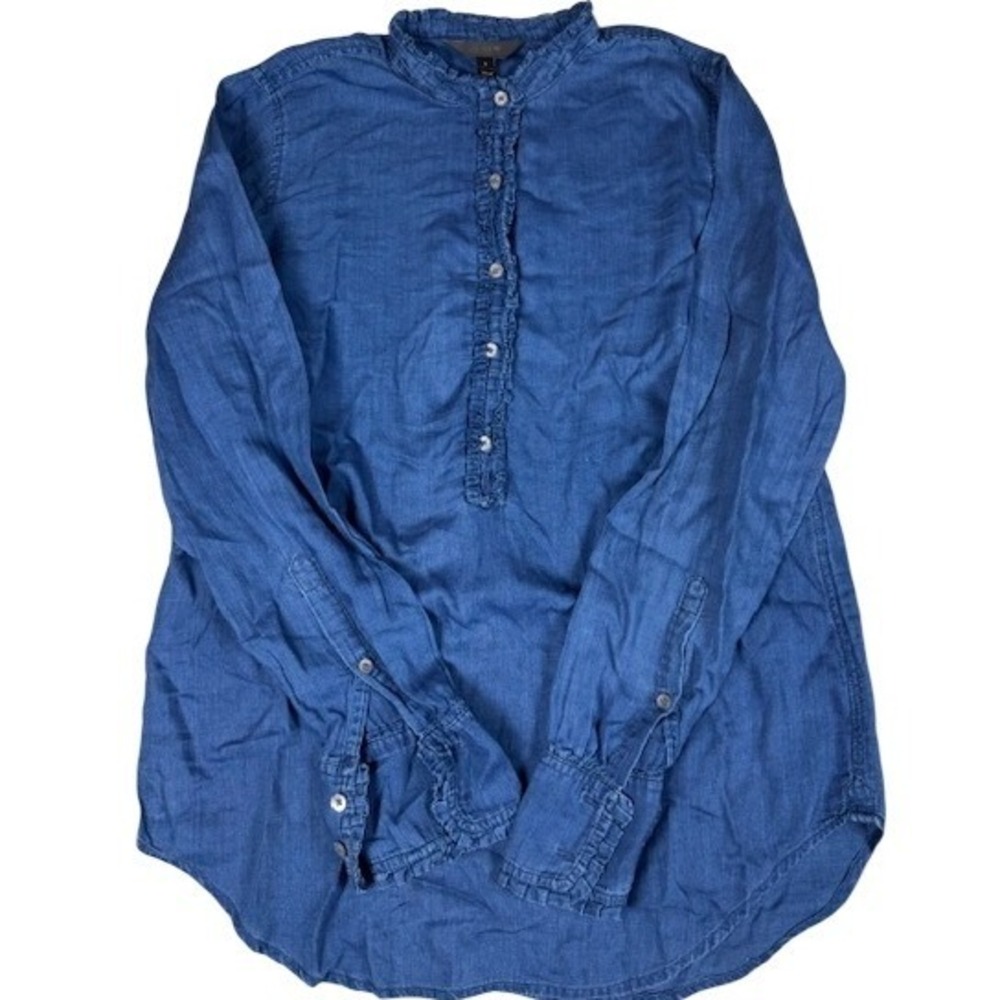 J.Crew Size 2 Blue Ruffle Neck Denim Tencel Lyocell Shirt Blouse  Long Sleeve